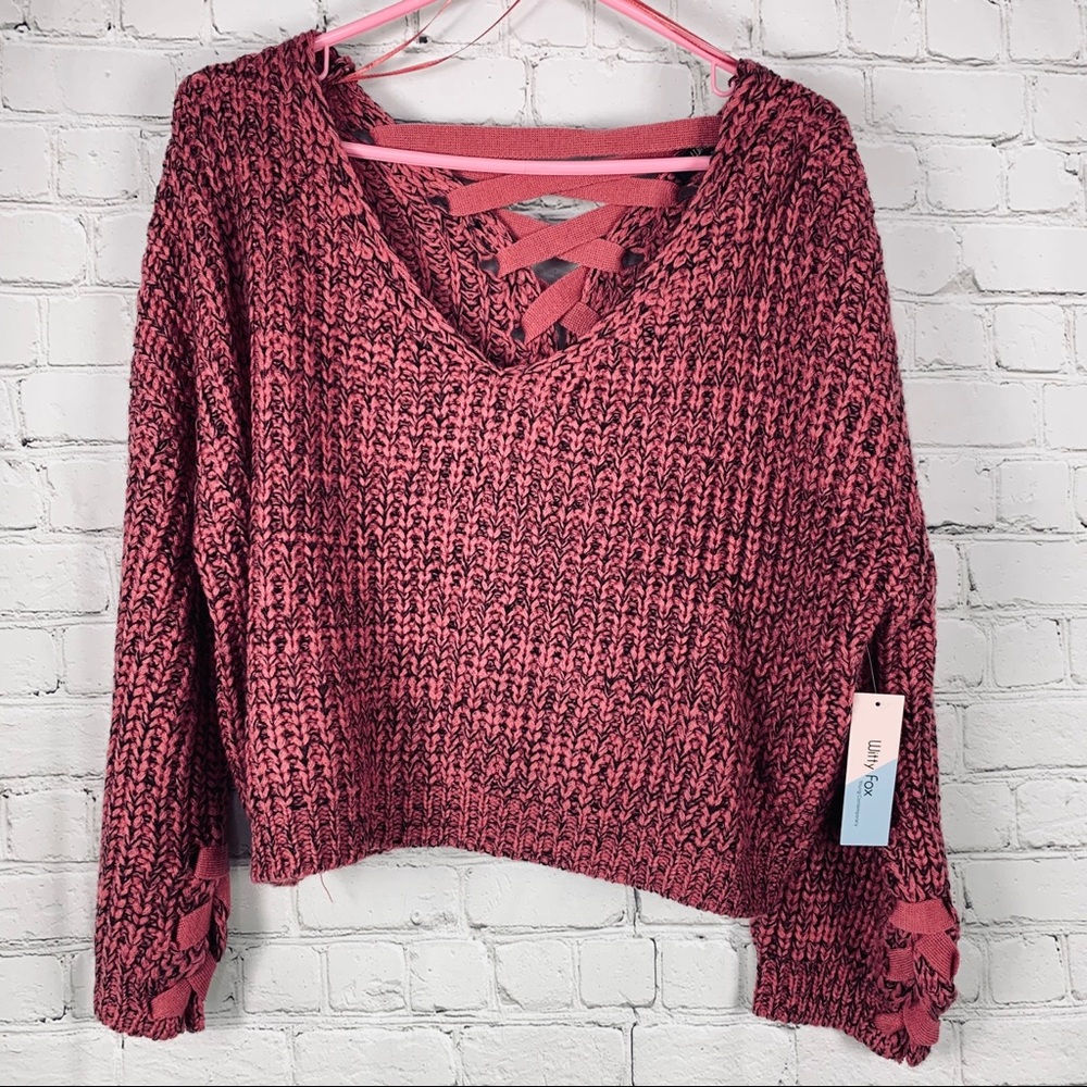 New Witty Fox Cropped Sweater Lace Up Pink Black